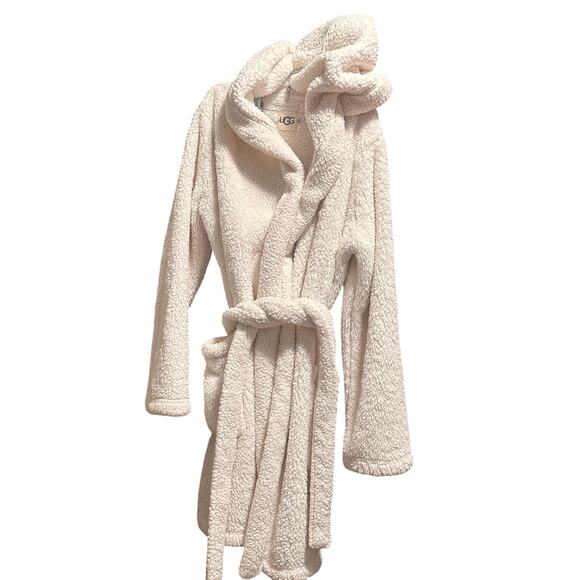 UGG Aarti Faux Shearling Hooded Robe Sz L cozy Large cream sherpa MSPR $98 - Picture 3 of 9